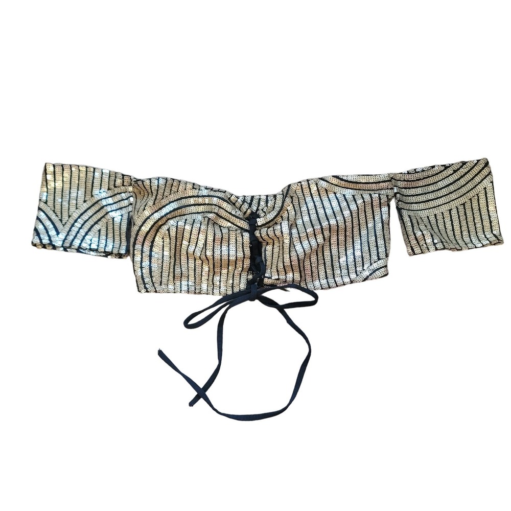 Lucy In The Sky Gold Sequin Bandeau Lace Up Crop Top Women's M